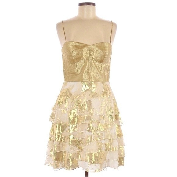 AIDAN MATTOX Silk Gold Leaf Ruffle Mini Dress 4 - Picture 1 of 10